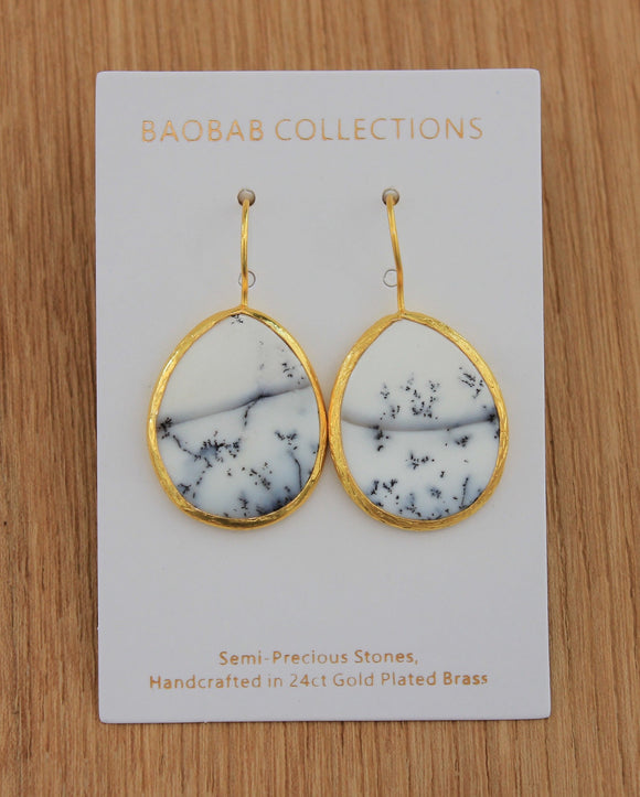 Baobab Collections White Fleck Dendrite Agate Gold Hook Earring