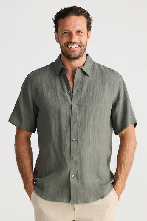Fossick Harvard S/S Shirt- Khaki Linen
