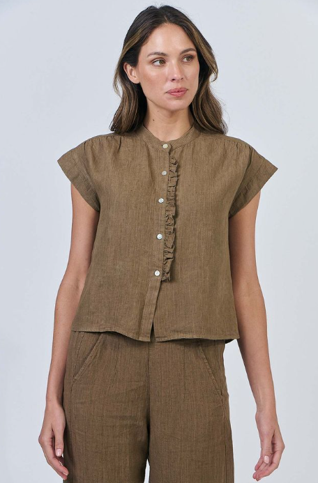 Naturals by O&J Buttoned Linen Top- Tobacco