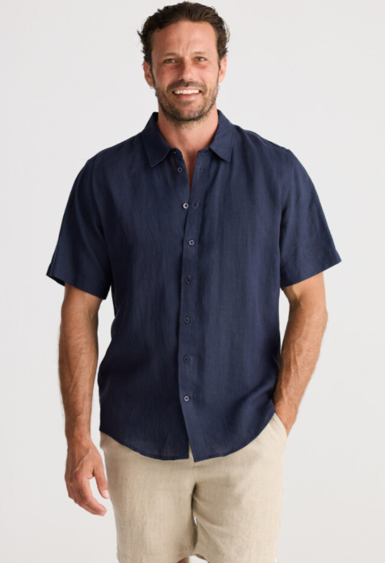 Fossick Harvard S/S Shirt- Navy Linen