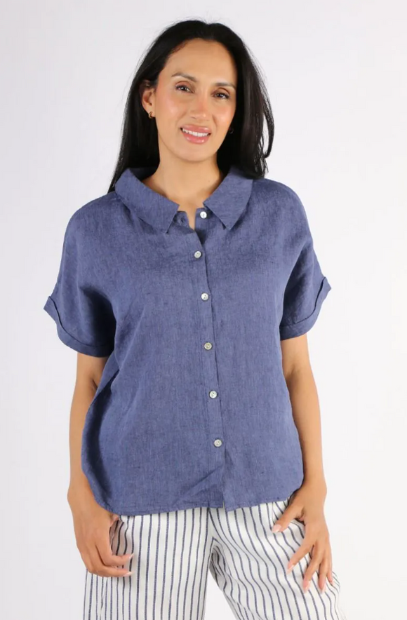 Naturals Short Sleeve Button Up Top- Blueberry