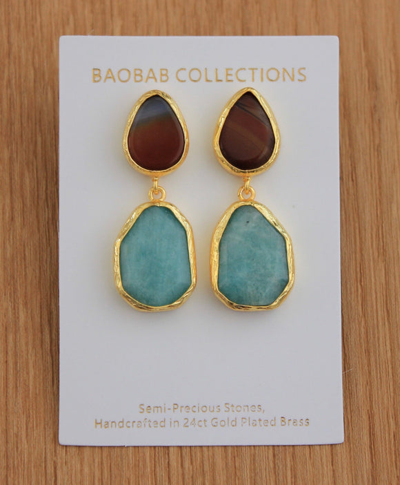 Baobab Collections Gold Brown Agate & Amazonite Earring
