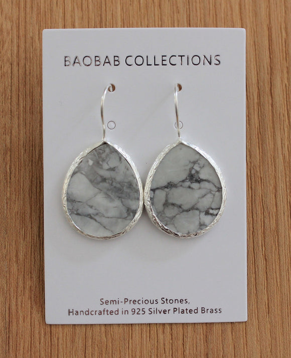Baobab Collections Small Semi Precious Hook Earring Silver: Howlite (White)